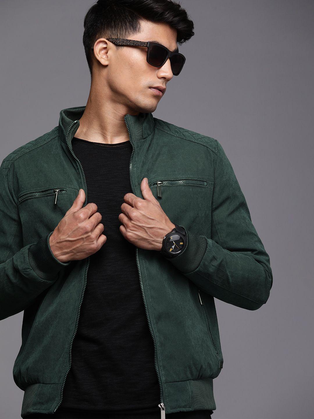 wrogn men green solid mock collar bomber jacket