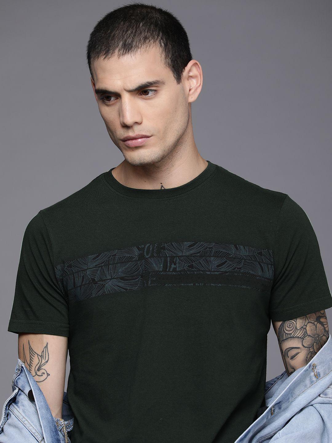 wrogn men green tropical printed pure cotton slim fit t-shirt