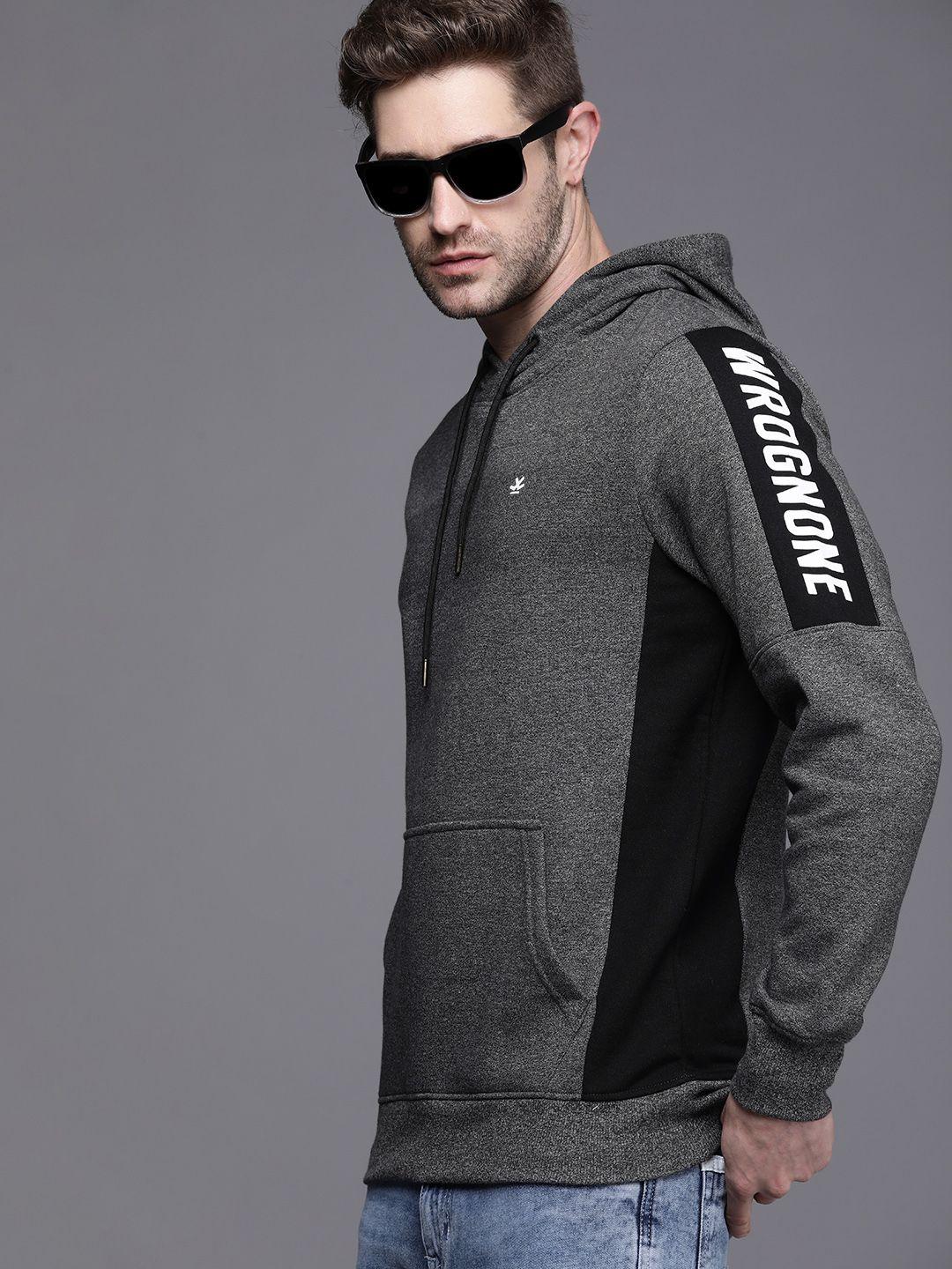 wrogn men grey & black hooded sweatshirt