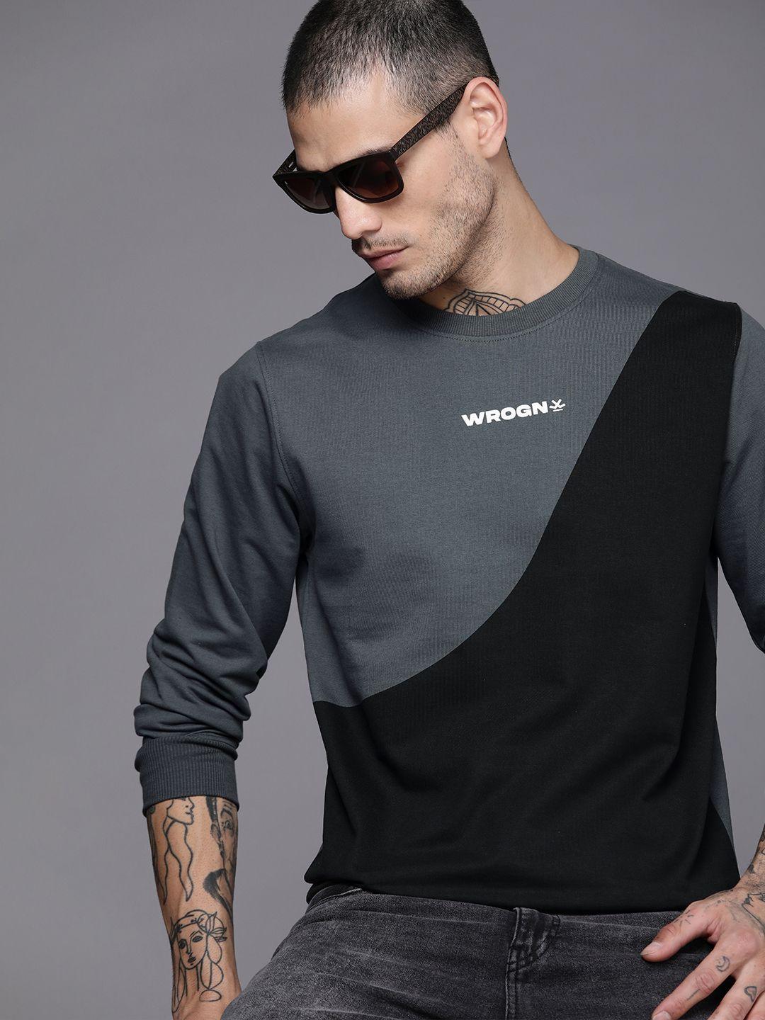 wrogn men grey and black colourblocked applique pullover sweatshirt