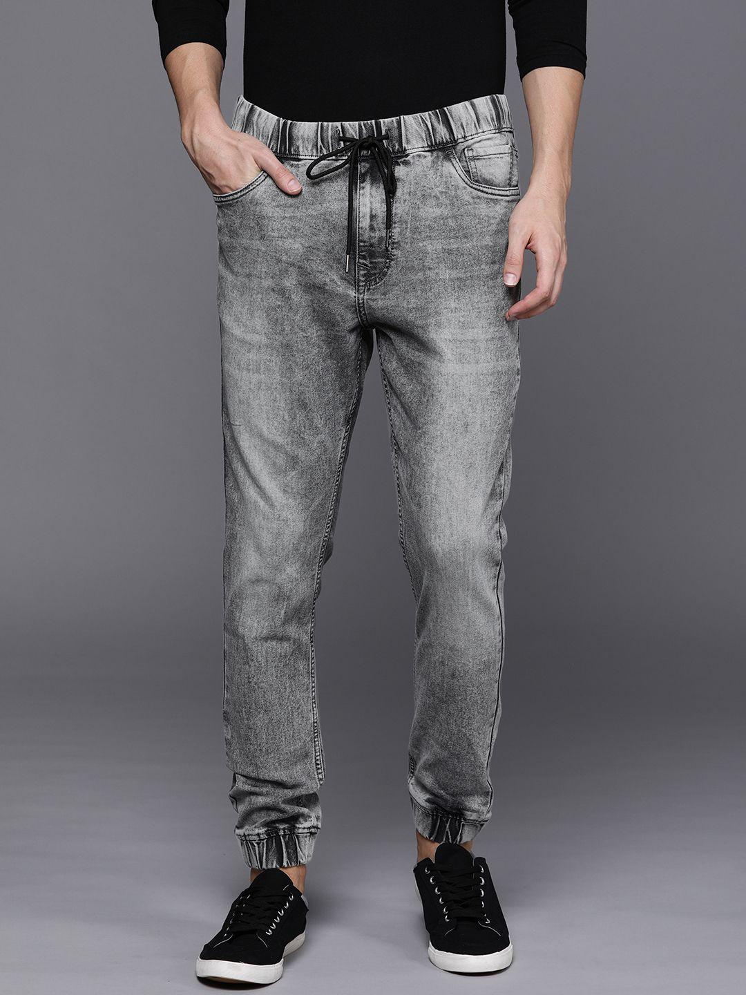 wrogn men grey jogger mid-rise clean look stretchable jeans