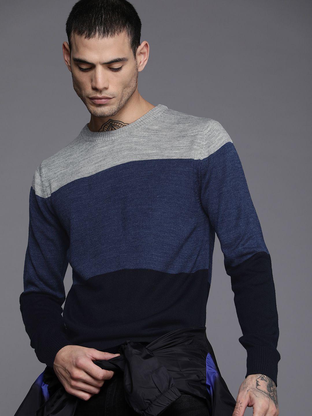 wrogn men grey melange & navy blue colourblocked pullover sweater