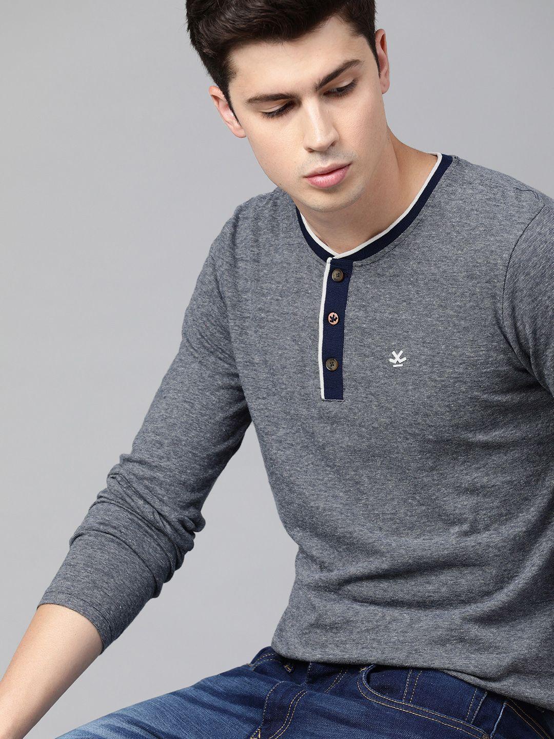 wrogn men grey melange solid henley neck t-shirt