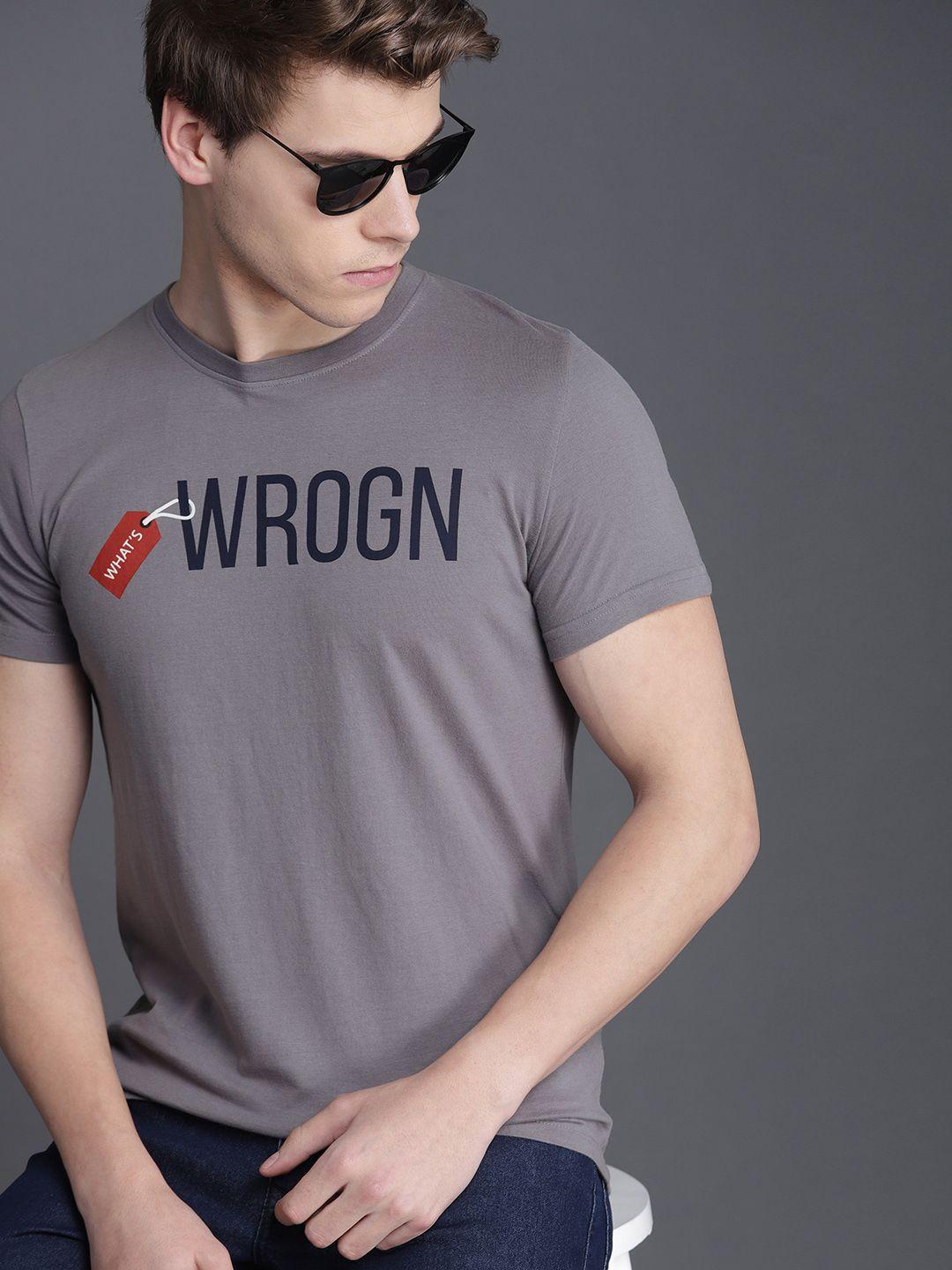 wrogn men grey printed slim fit round neck pure cotton t-shirt