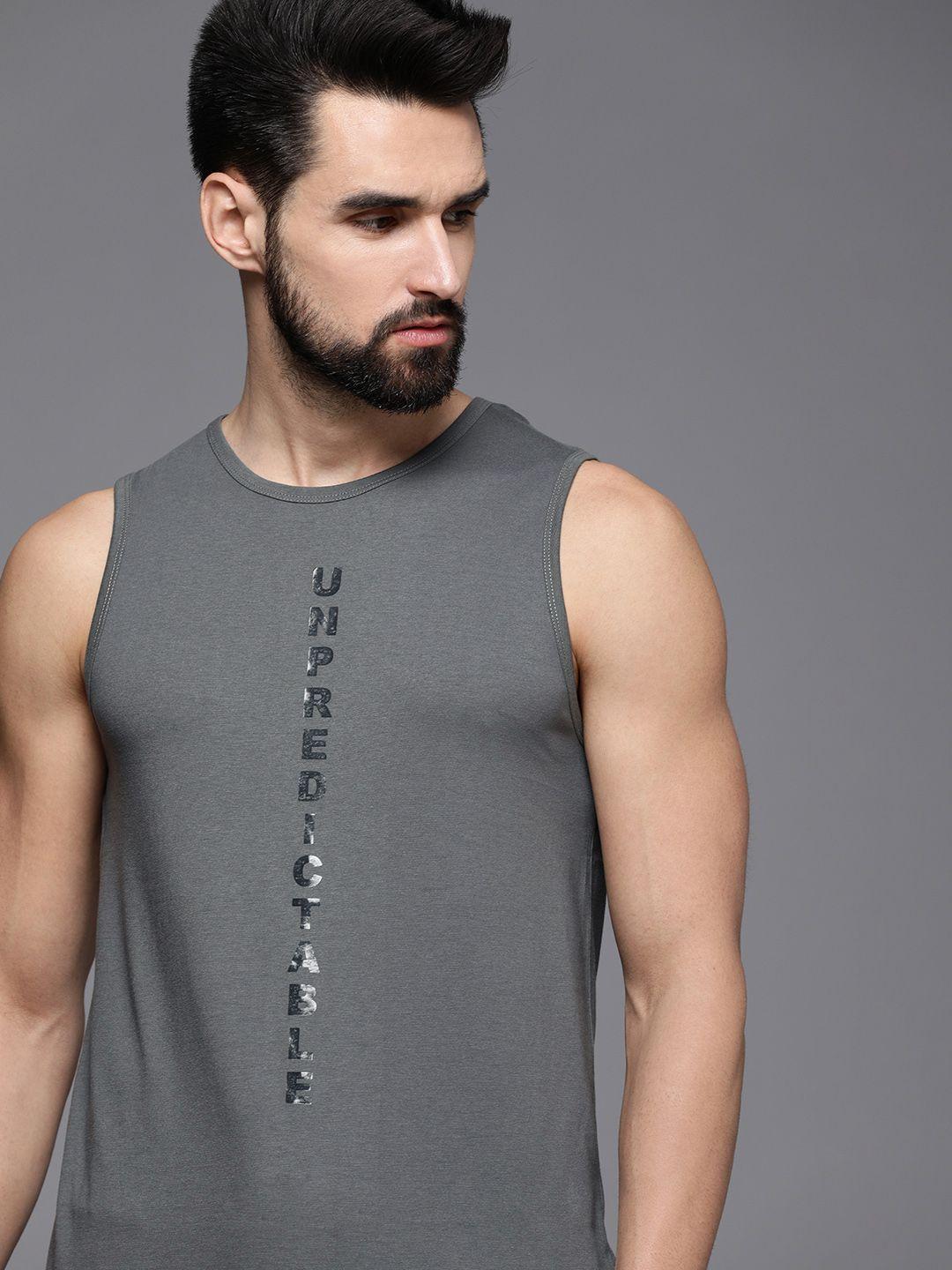 wrogn men grey typography printed applique sleeveless casual t-shirt