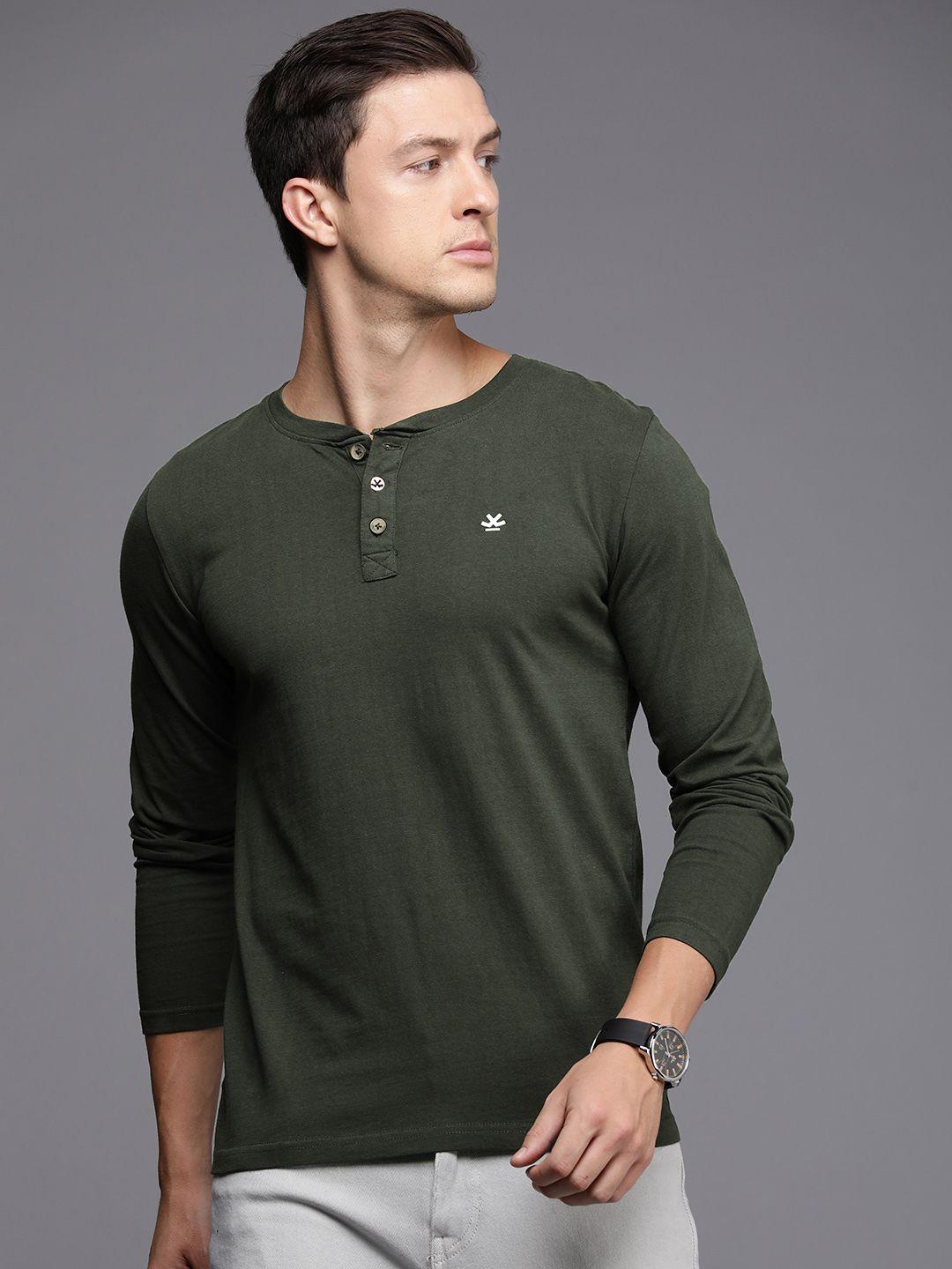 wrogn men henley neck pure cotton slim fit t-shirt