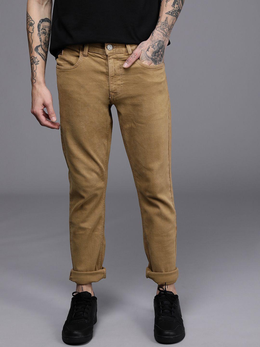 wrogn men khaki slim fit stretchable jeans