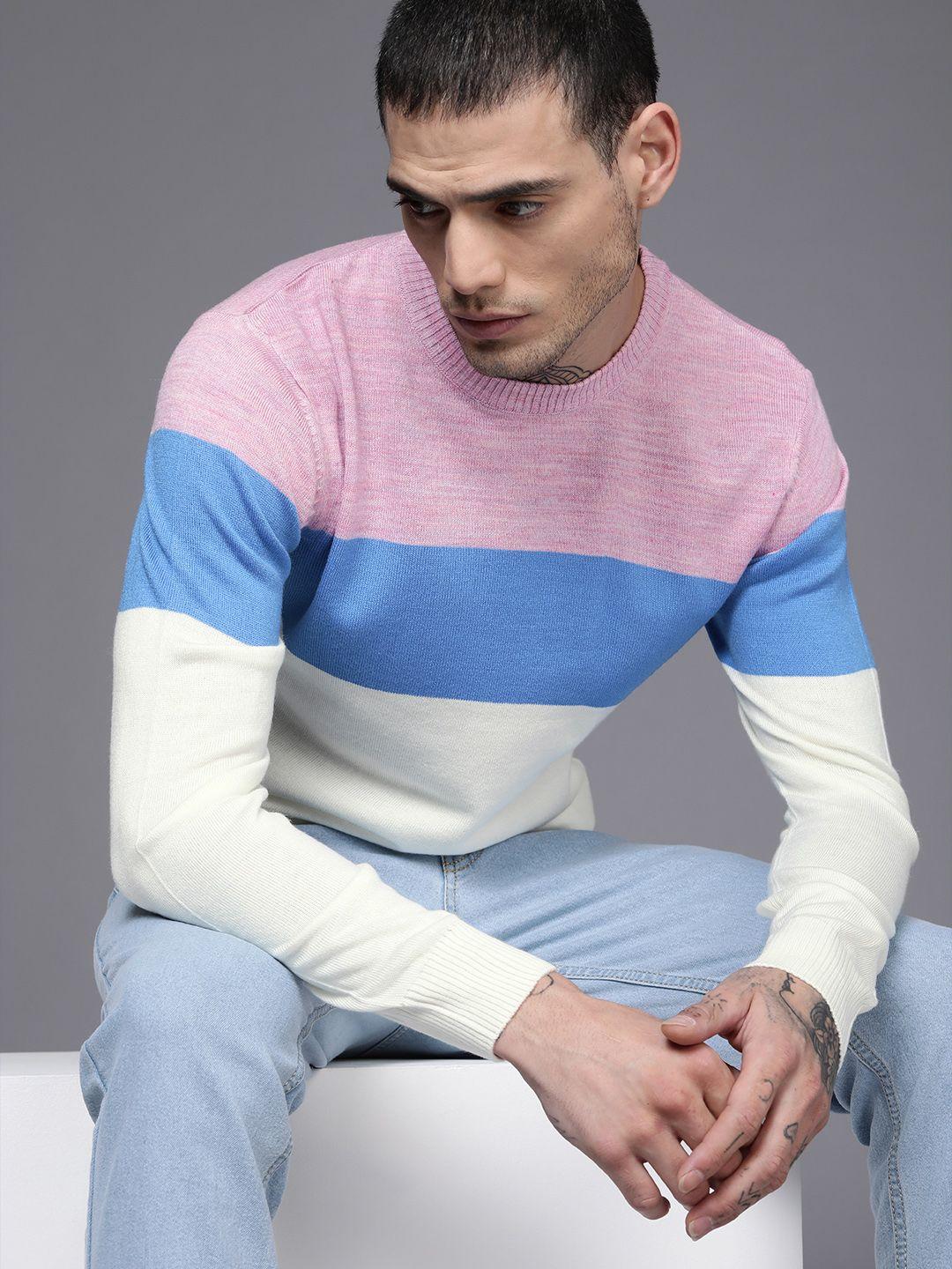 wrogn men lavender & blue colourblocked pullover sweater