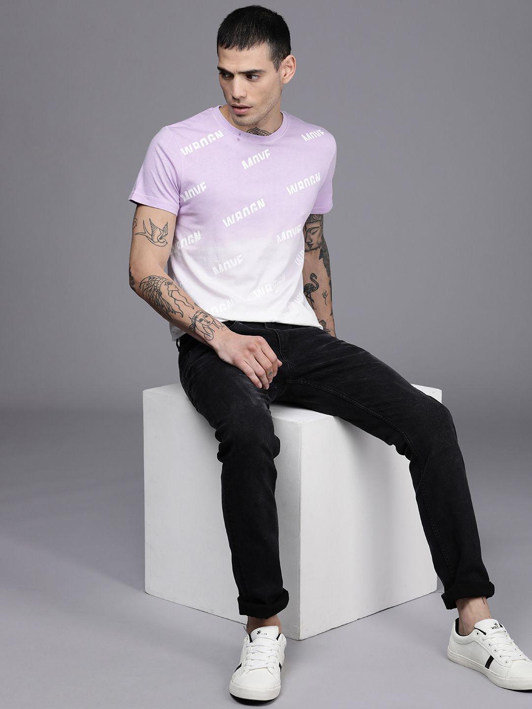 wrogn men lavender & white brand logo printed pure cotton slim fit t-shirt