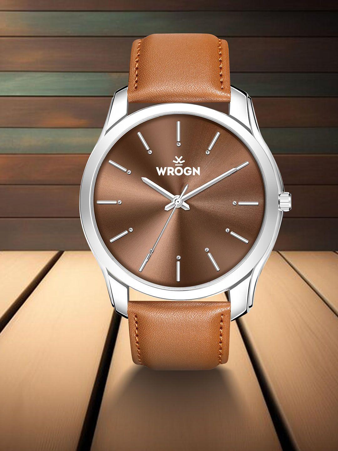 wrogn men leather straps water resistant analogue watch wr-6603-brown