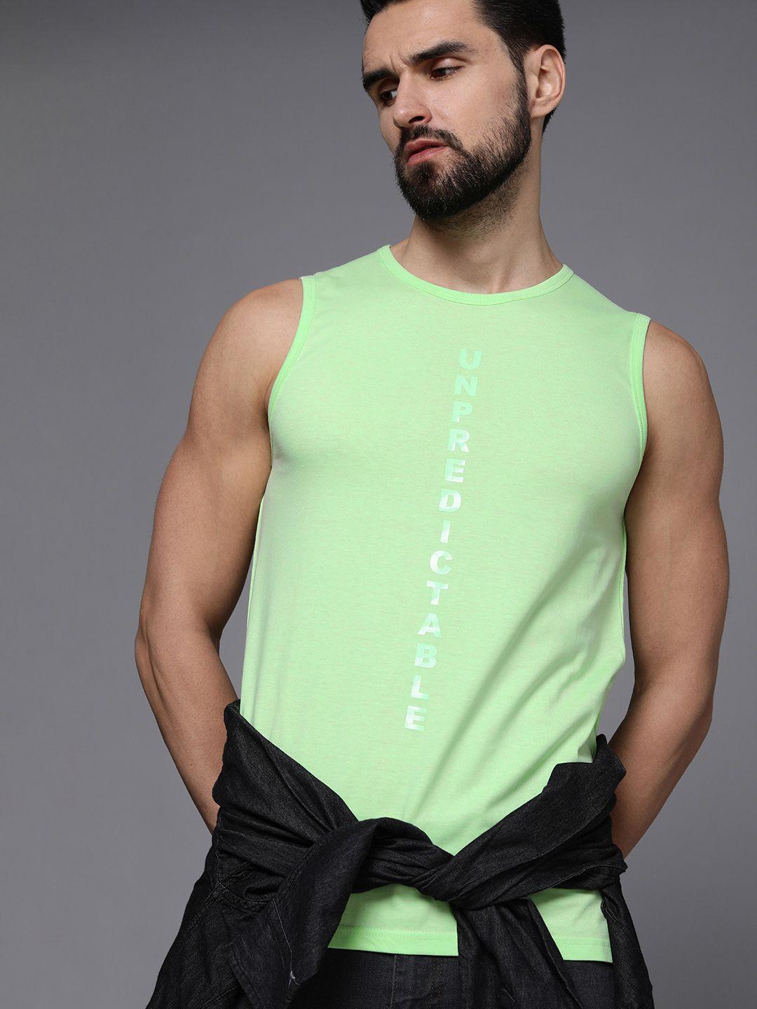 wrogn men light green typography printed applique sleeveless casual t-shirt