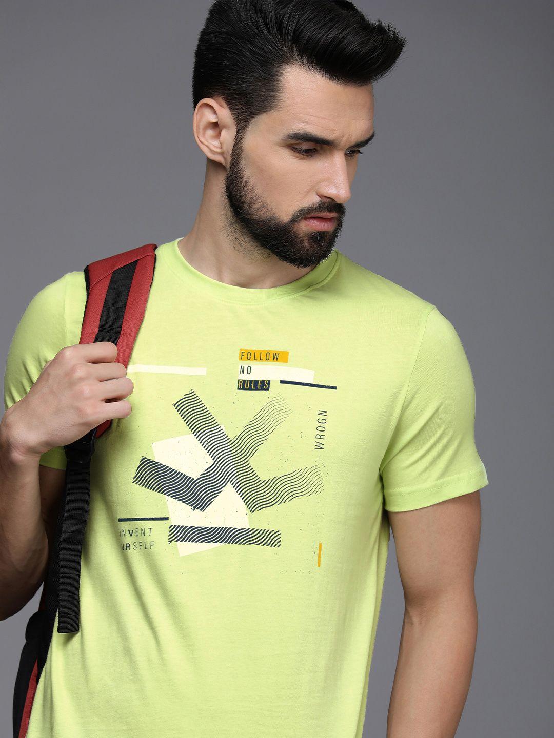 wrogn men lime green & blue brand logo printed pure cotton  t-shirt