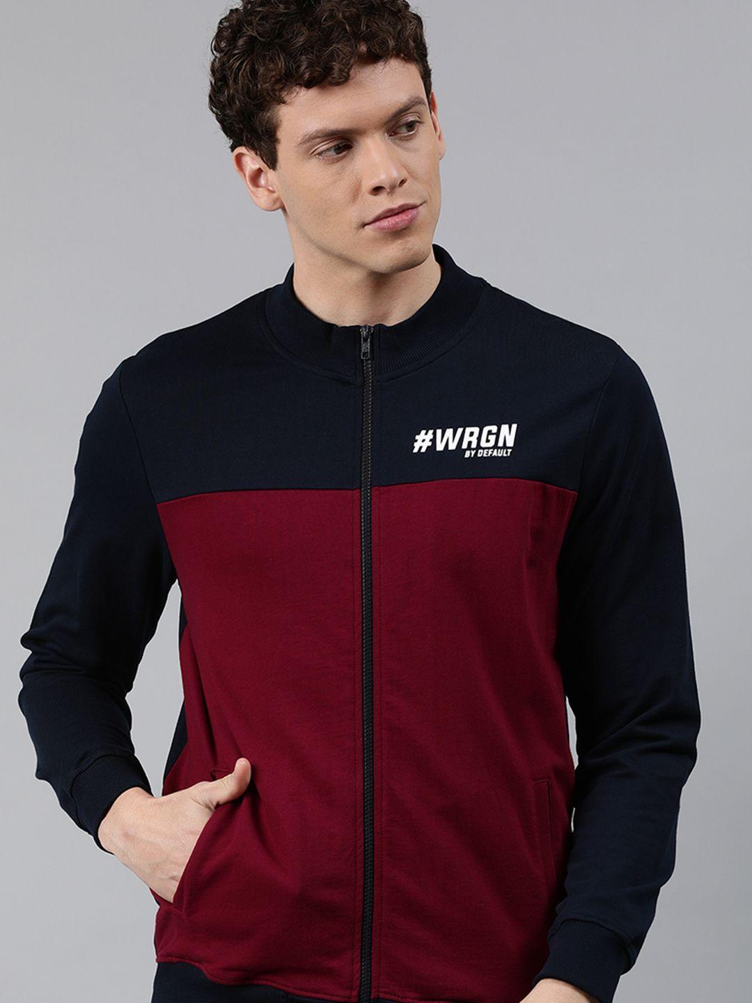 wrogn men maroon & navy blue colourblocked sweatshirt