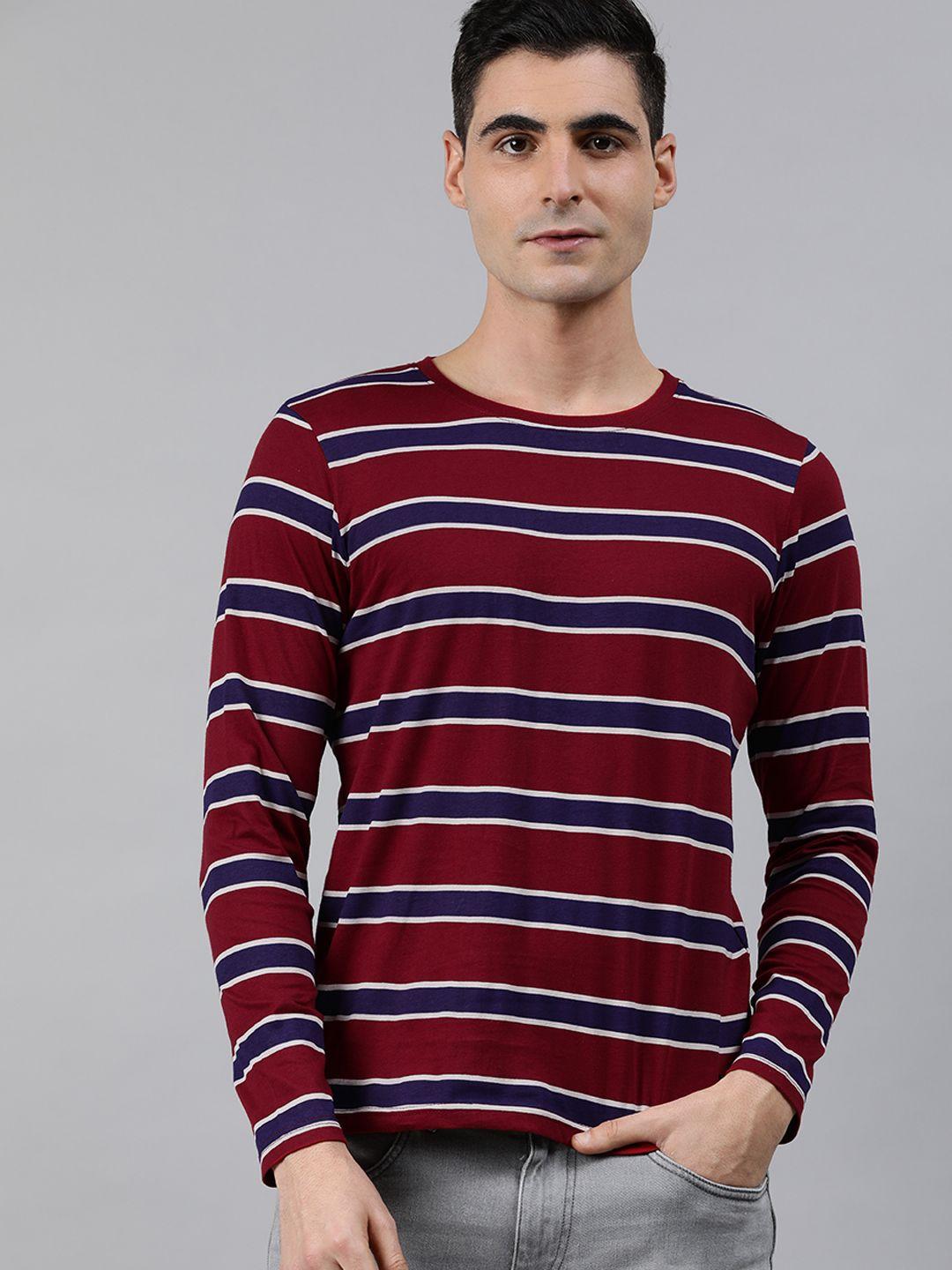wrogn men maroon  navy blue striped round neck pure cotton t-shirt