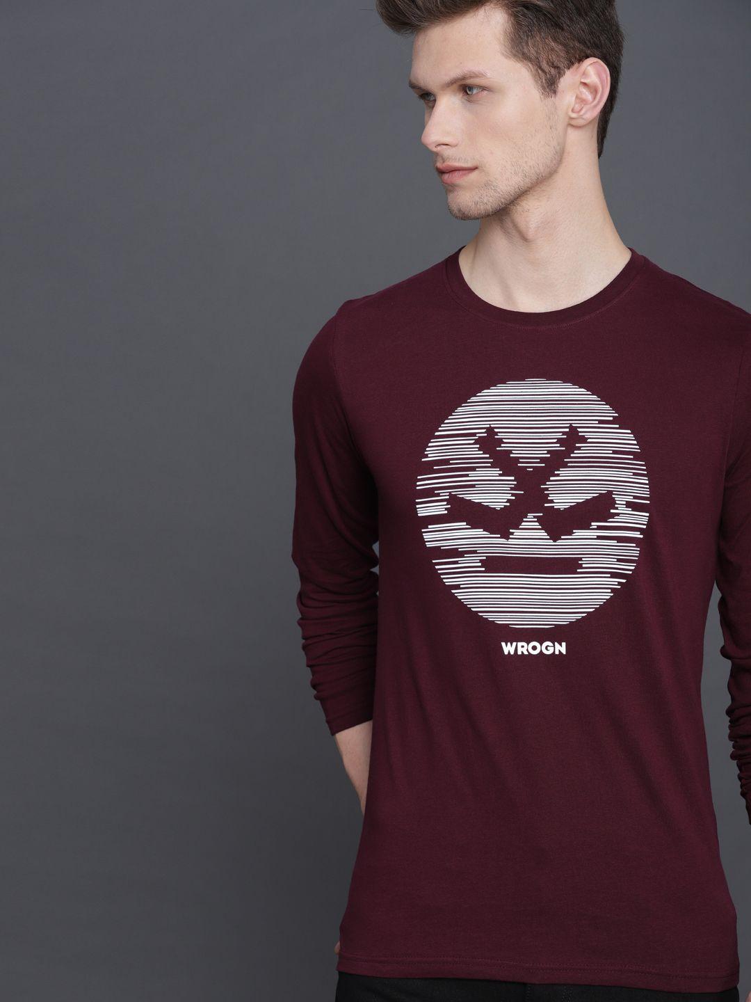 wrogn men maroon printed slim fit round neck pure cotton t-shirt