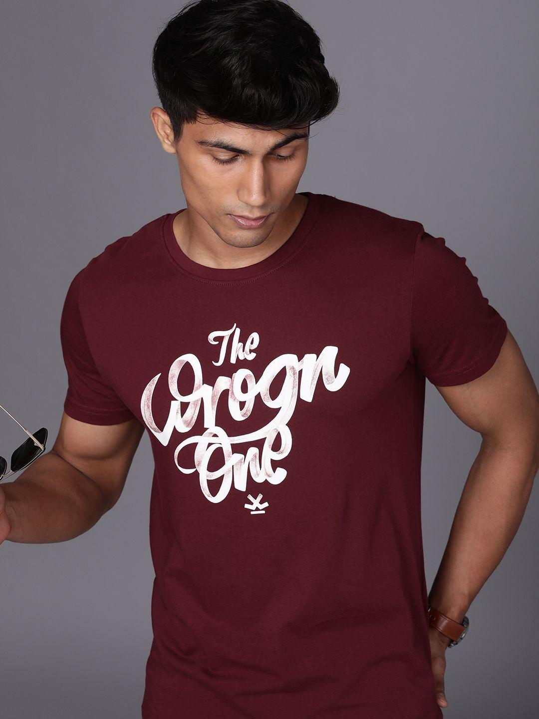 wrogn men maroon pure cotton typography printed t-shirt