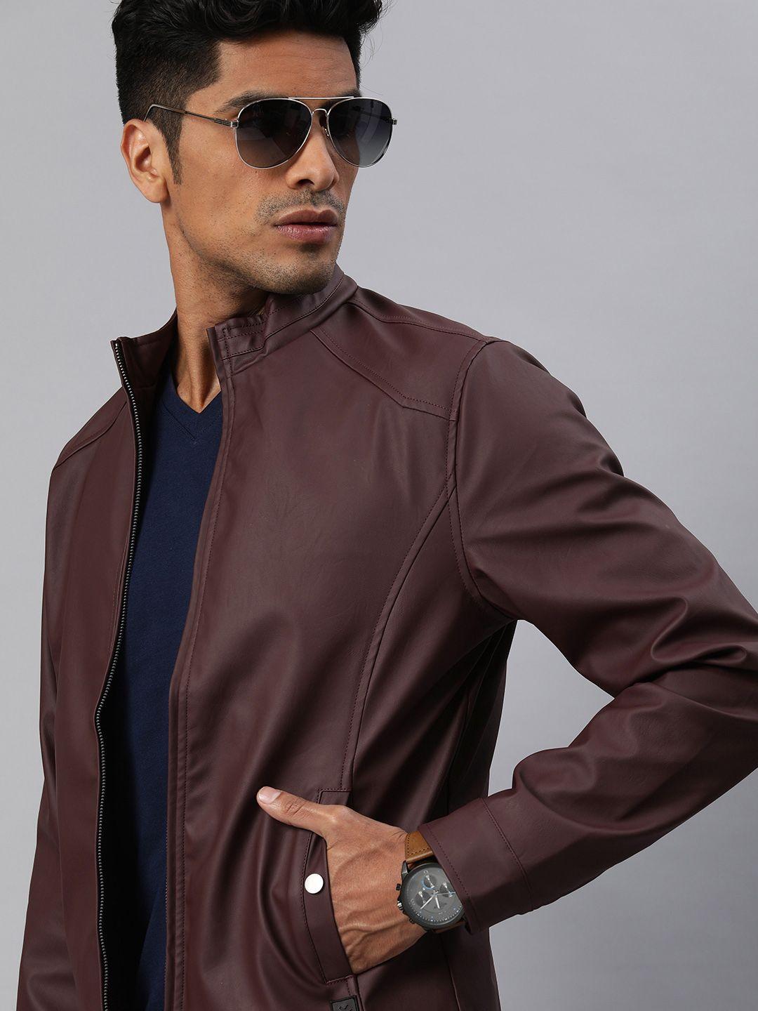 wrogn men maroon solid biker jacket