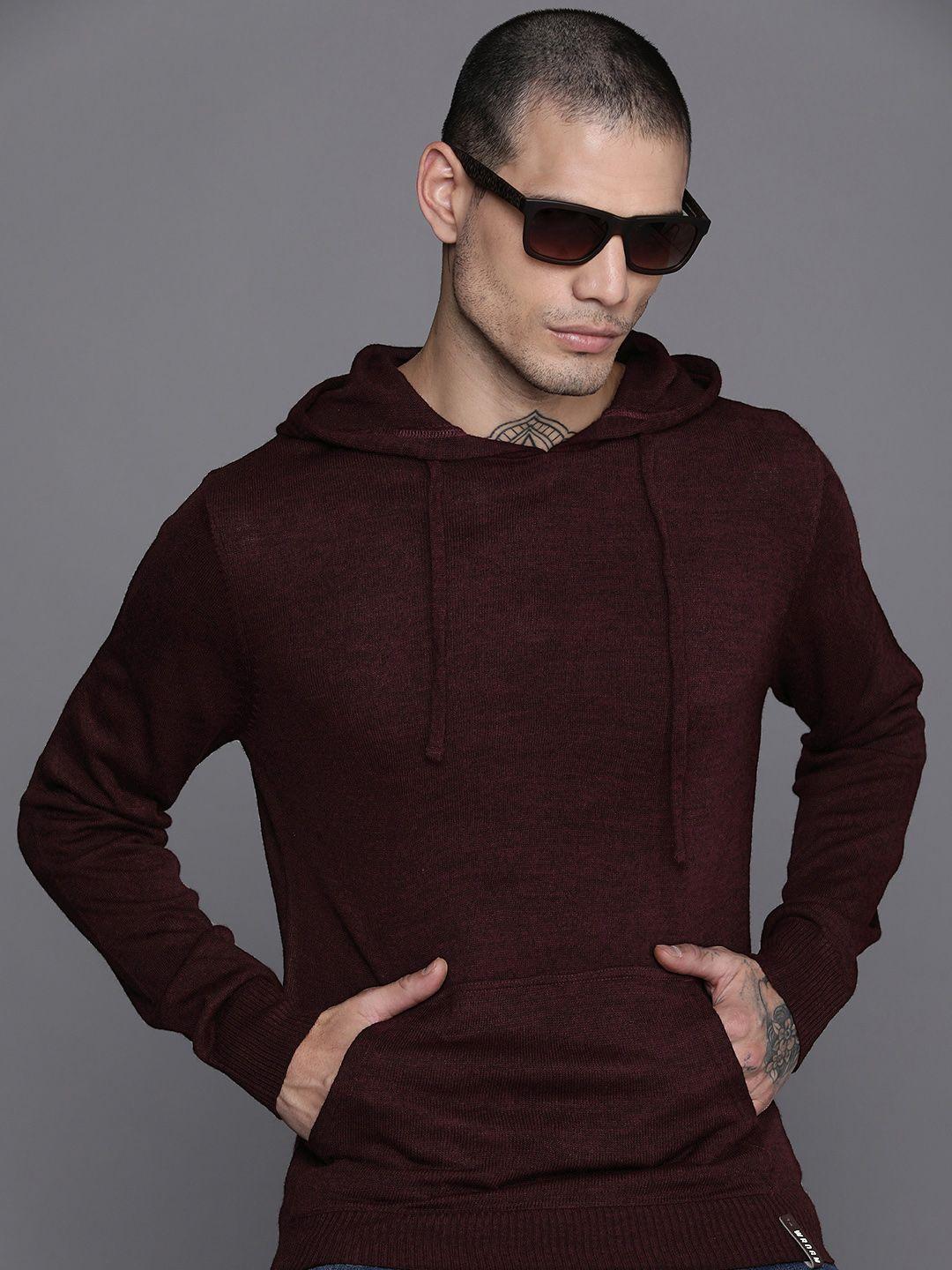 wrogn men maroon solid hooded pullover