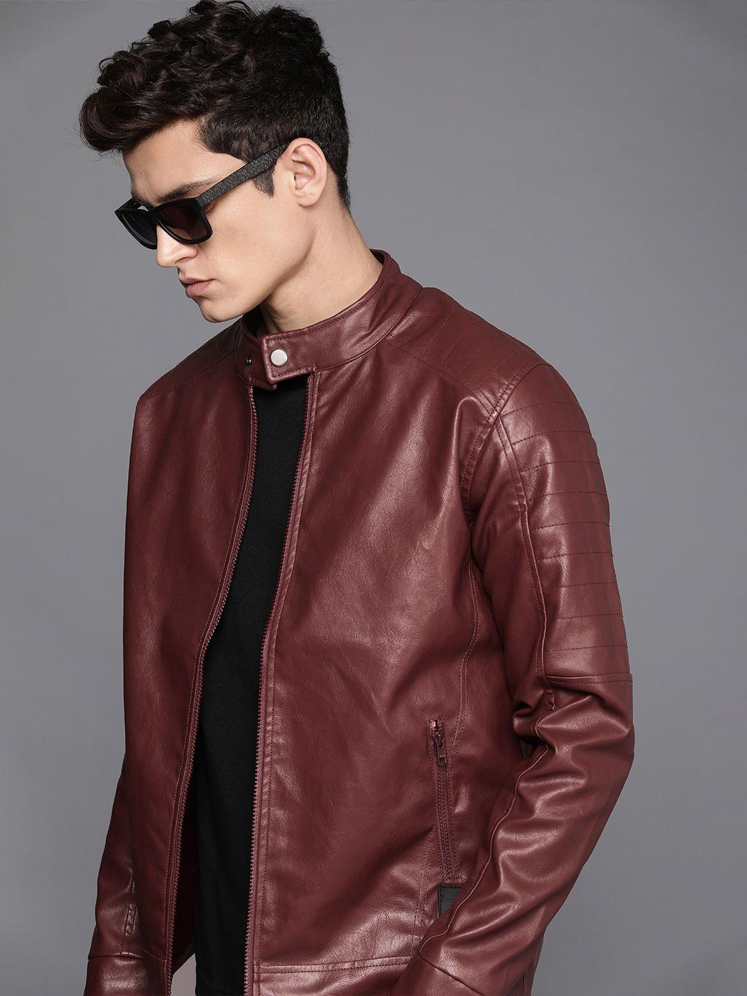 wrogn men maroon textured biker jacket