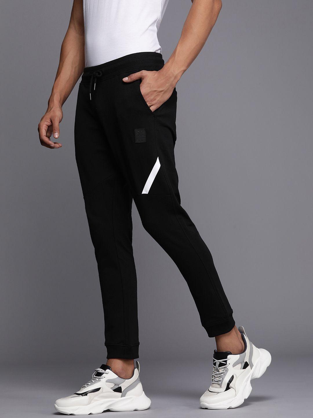 wrogn men mid-rise joggers with drawcords closure & striped detail