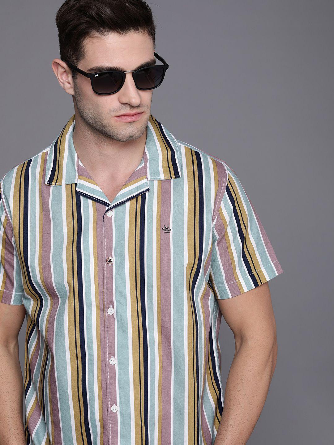 wrogn men multicoloured slim fit striped cuban collar casual shirt