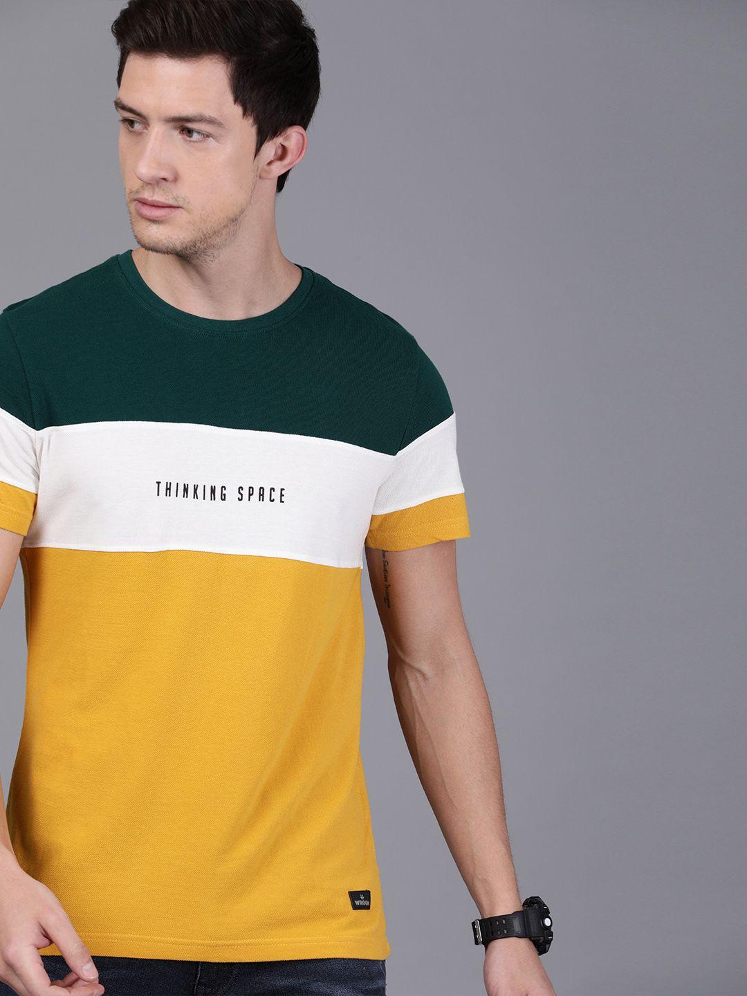 wrogn men mustard yellow & green colourblocked slim fit round neck t-shirt