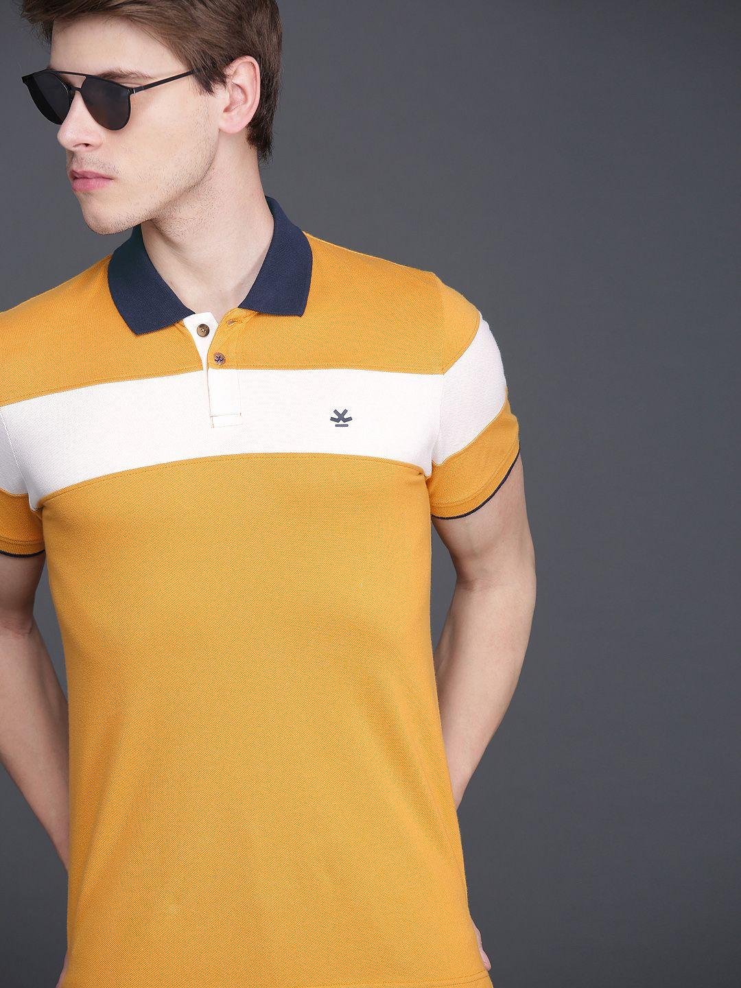 wrogn men mustard yellow  white colourblocked slim fit polo collar pure cotton t-shirt