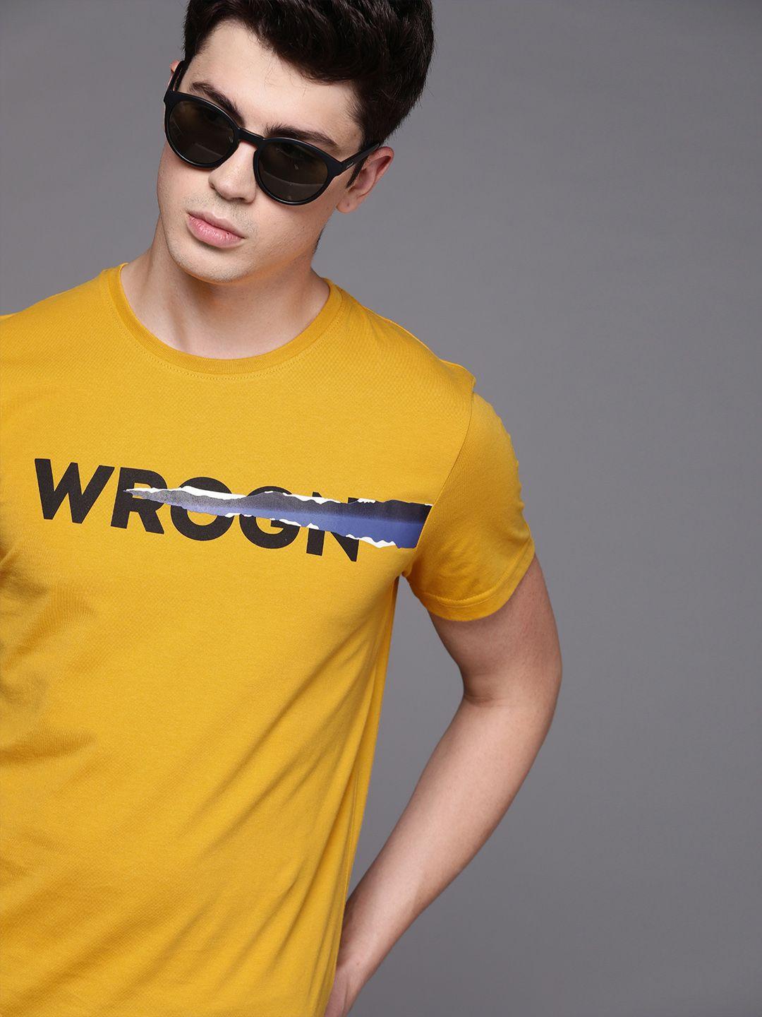 wrogn men mustard yellow printed round neck t-shirt