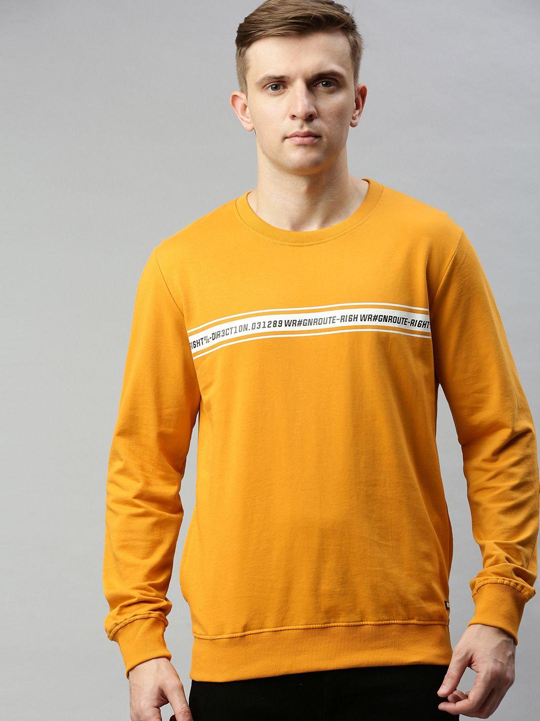 wrogn men mustard yellow slim fit printed sweatshirt