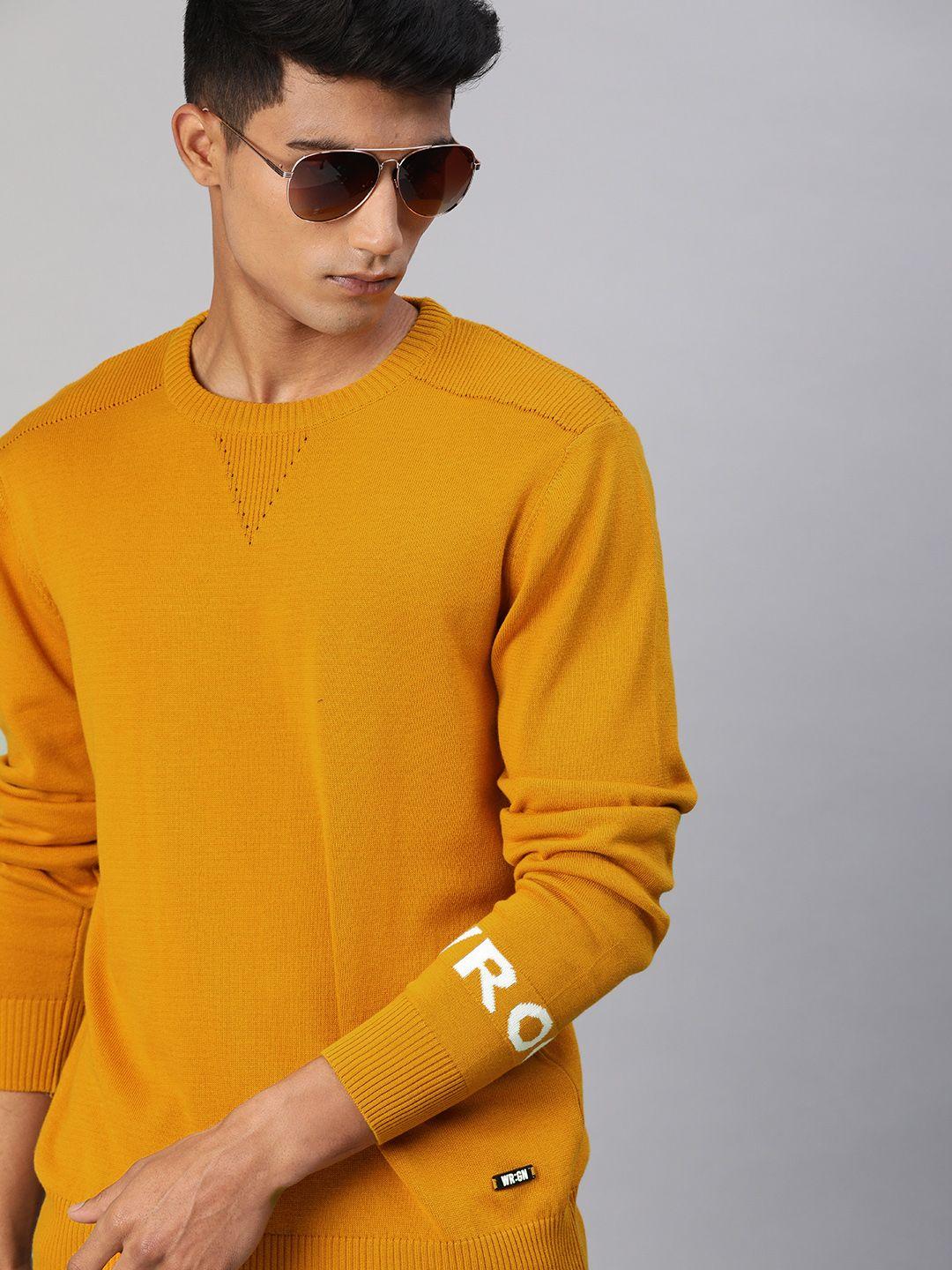 wrogn men mustard yellow solid pullover sweater