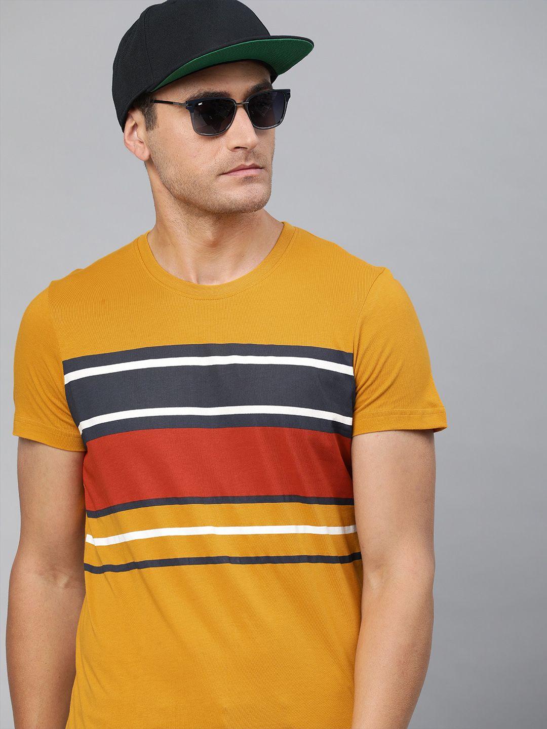 wrogn men mustard yellow striped round neck t-shirt