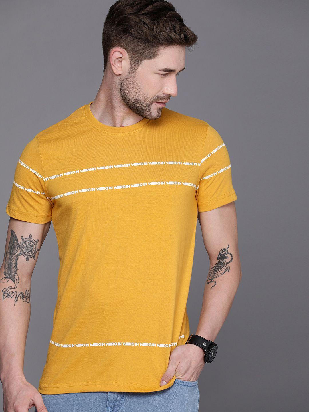 wrogn men mustard yellow typography printed polo collar t-shirt