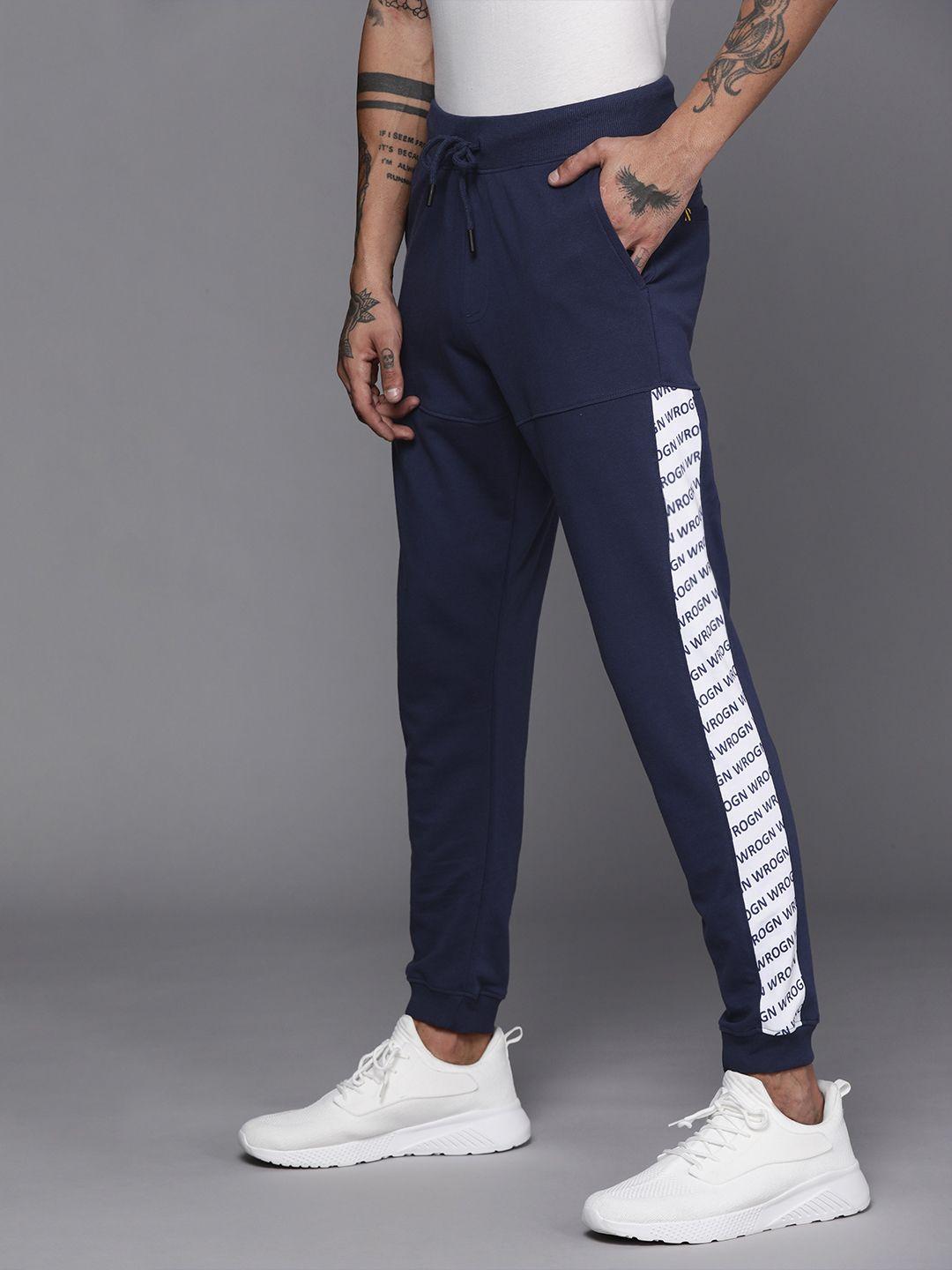 wrogn men navy & white cotton slim fit side panel print joggers