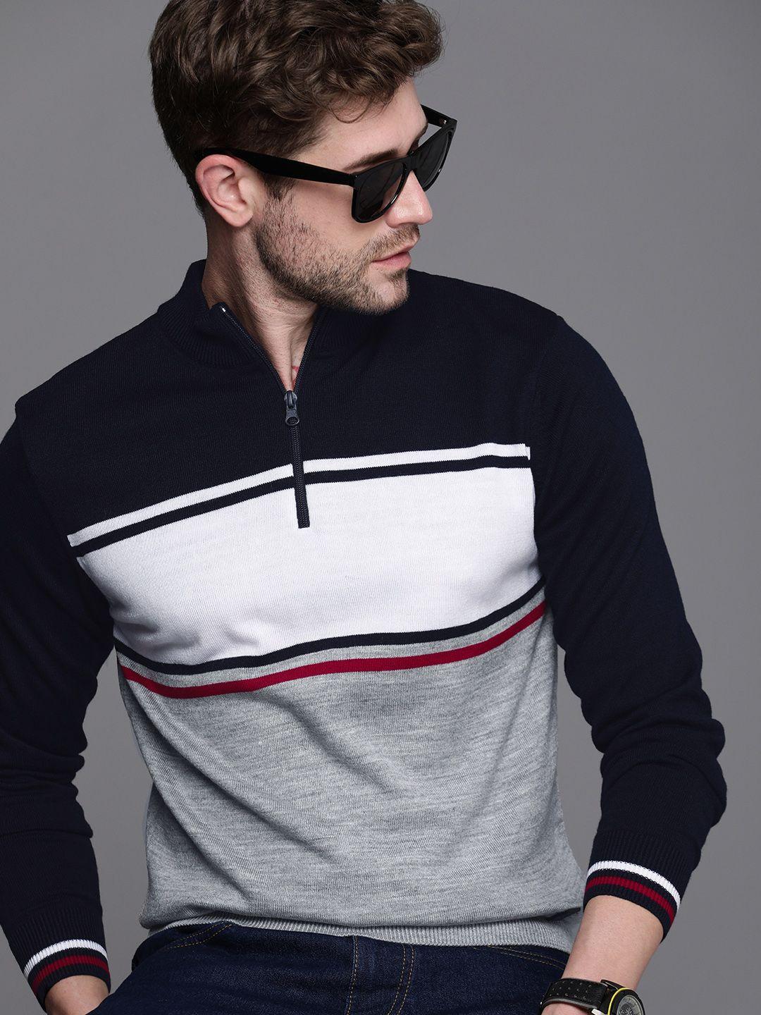 wrogn men navy blue & grey colourblocked mock-collar pullover sweater