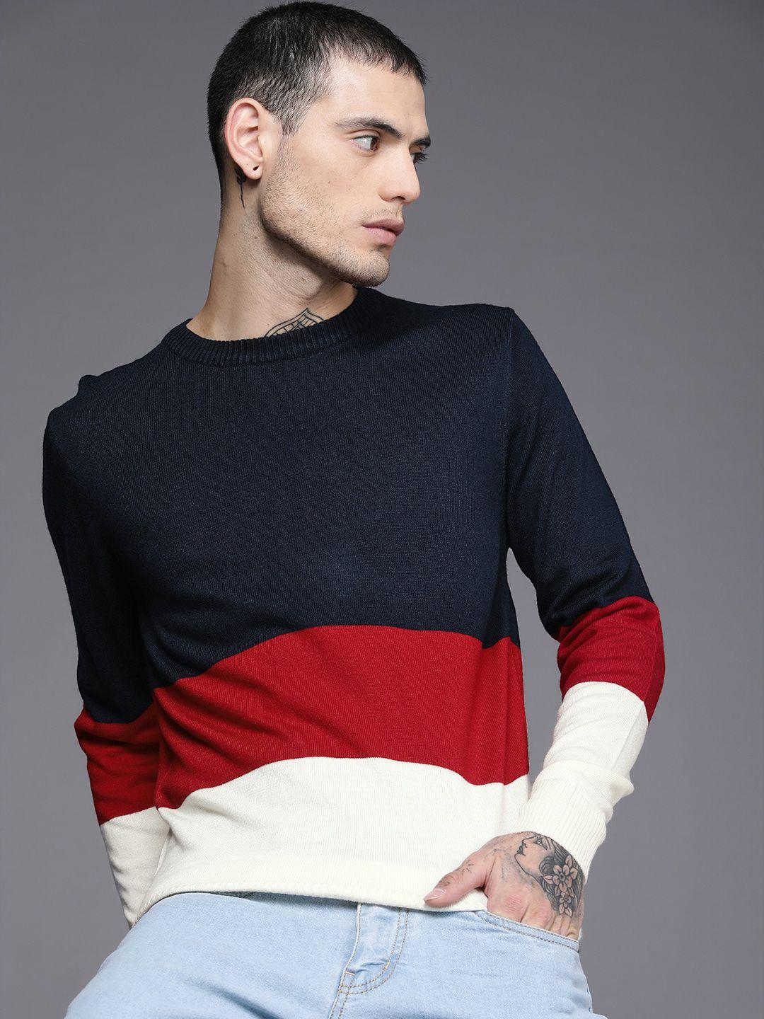 wrogn men navy blue & red colourblocked pullover sweater