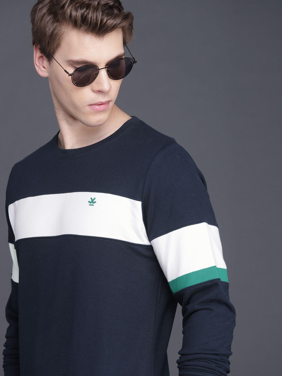 wrogn men navy blue & white colourblocked slim fit sweatshirt