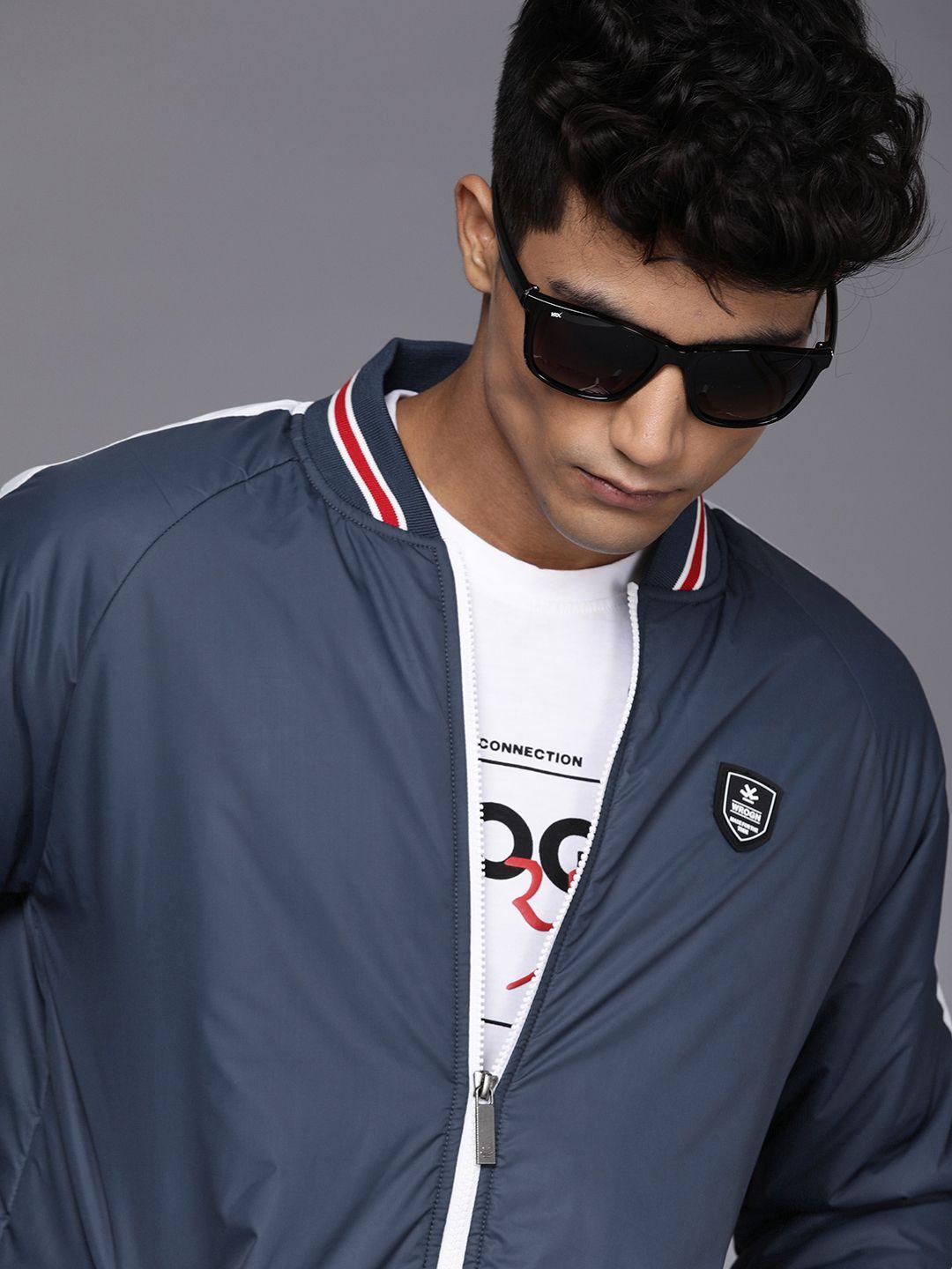 wrogn men navy blue & white solid varsity jacket