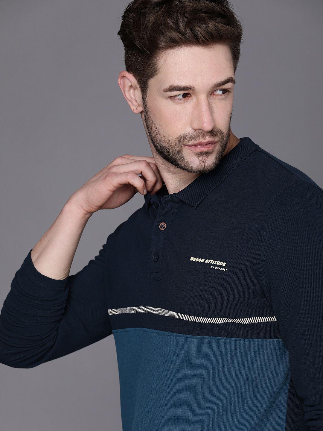 wrogn men navy blue  teal striped polo collar pure cotton t-shirt