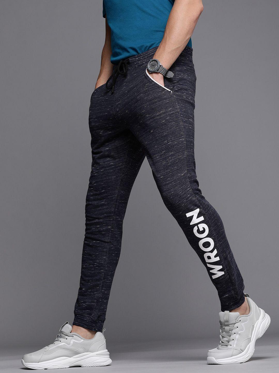 wrogn men navy blue and white brand logo printed slim fit regular joggers