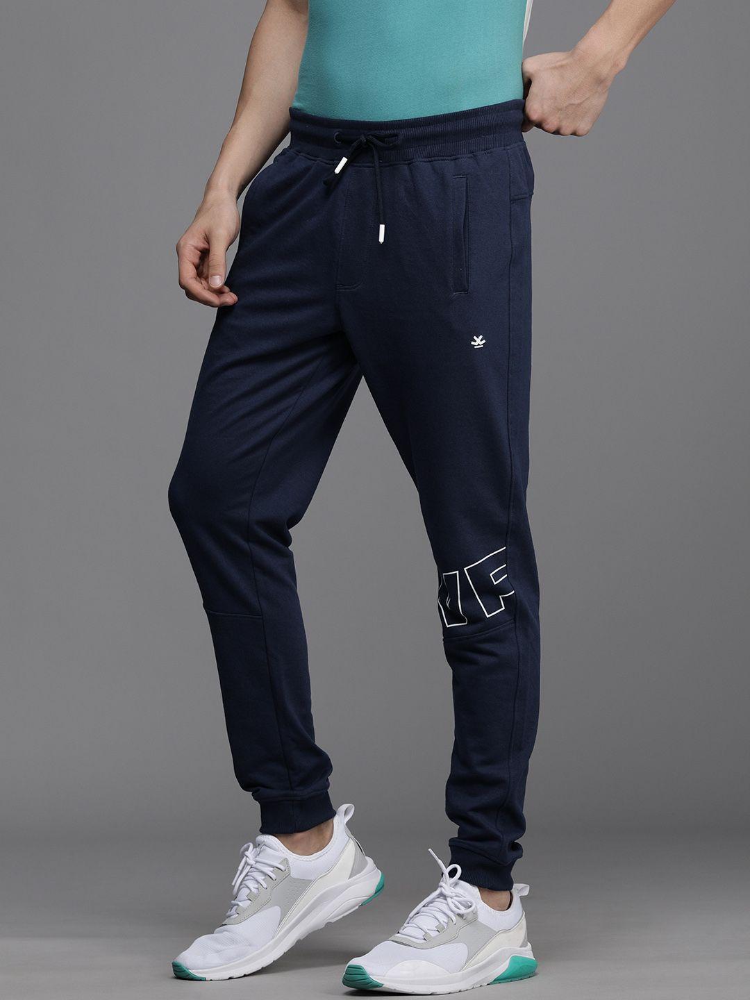 wrogn men navy blue brand logo print detail joggers