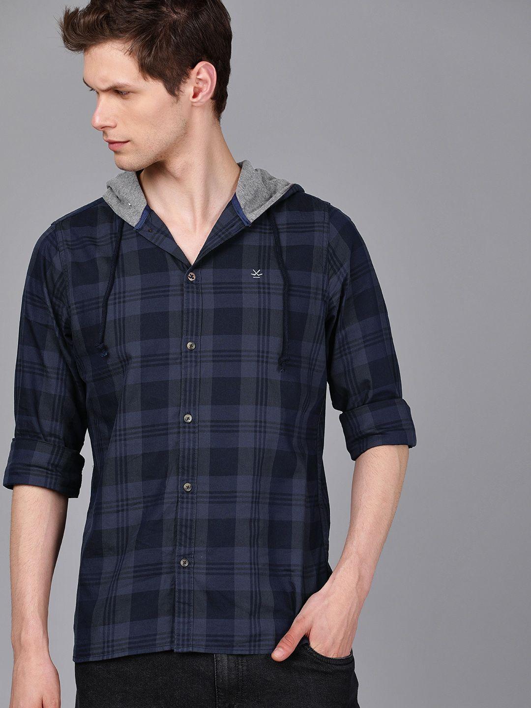 wrogn men navy blue checked casual hooded shirt