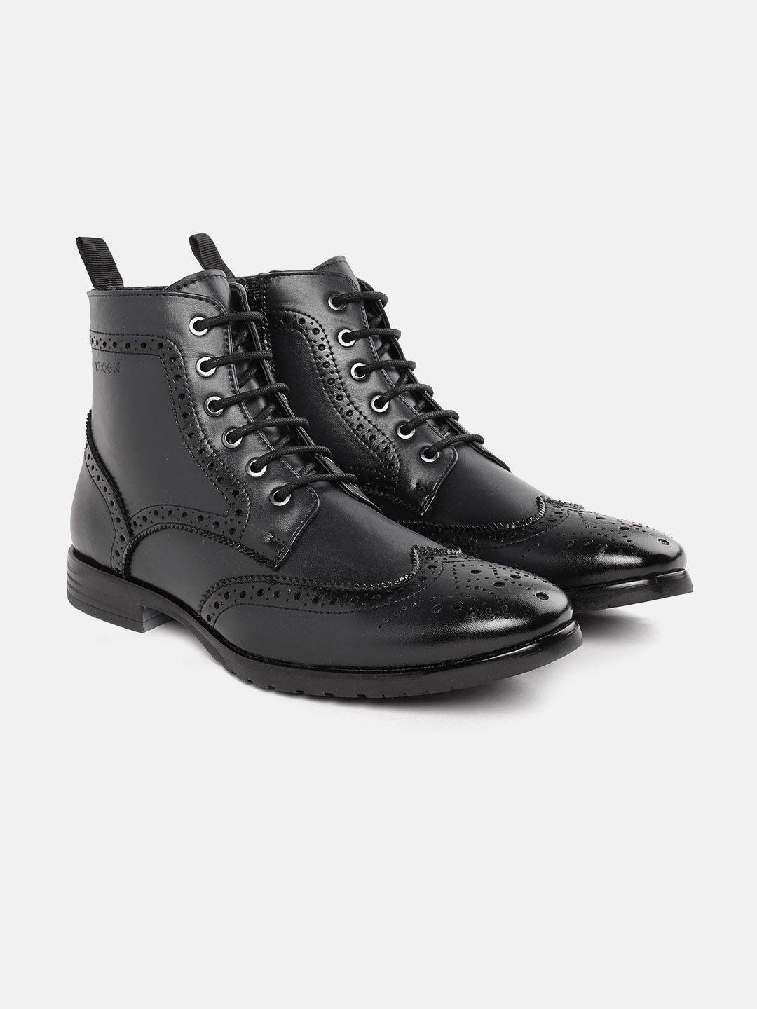 wrogn men navy blue perforations mid-top flat boots