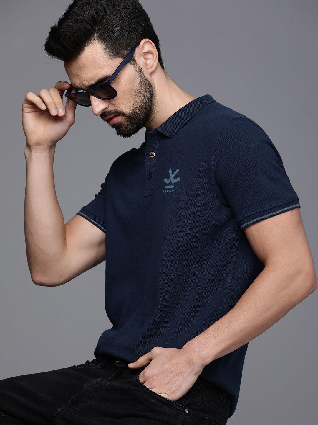 wrogn men navy blue polo collar slim fit pure cotton t-shirt