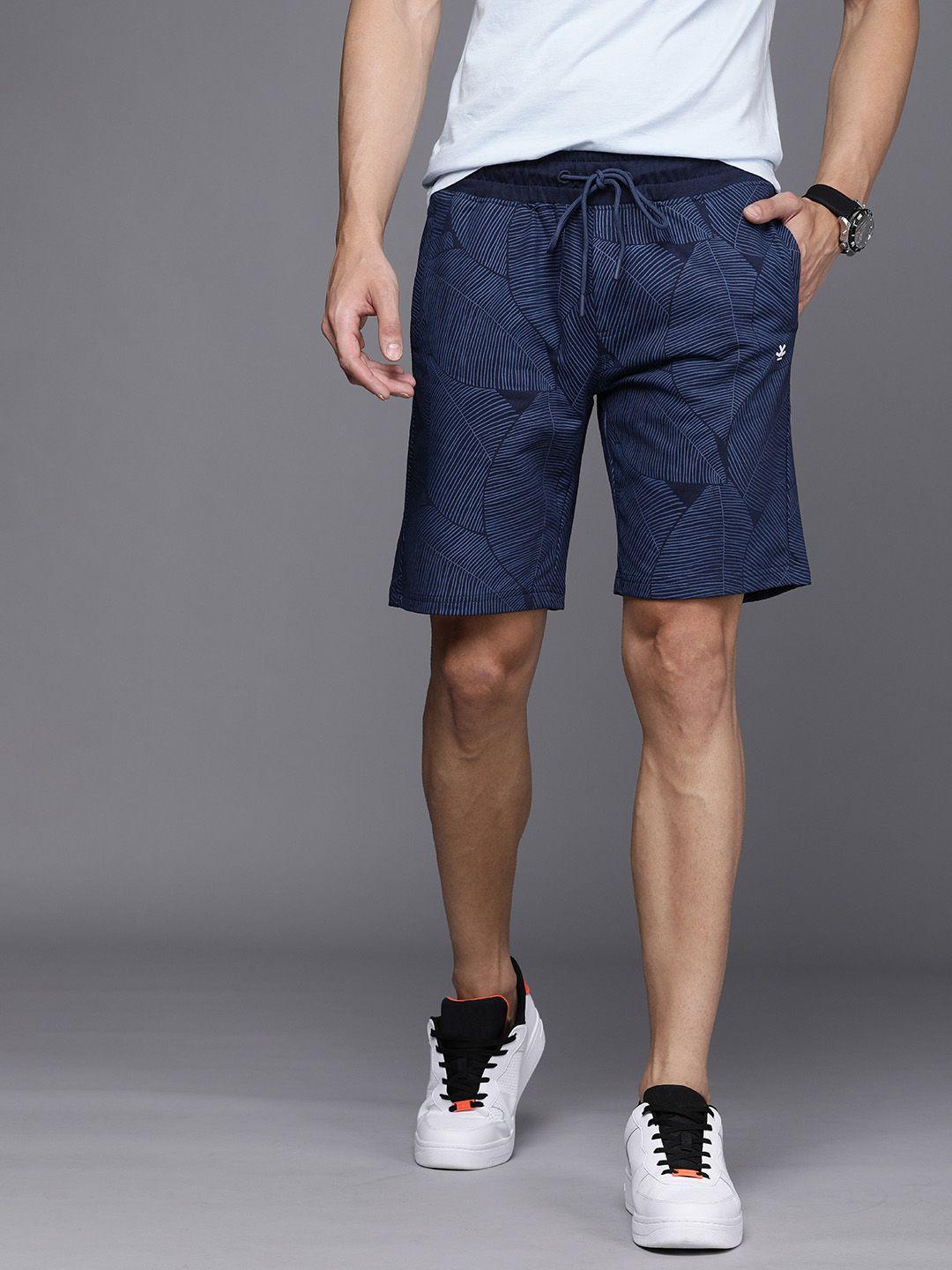 wrogn men navy blue printed  mid rise shorts