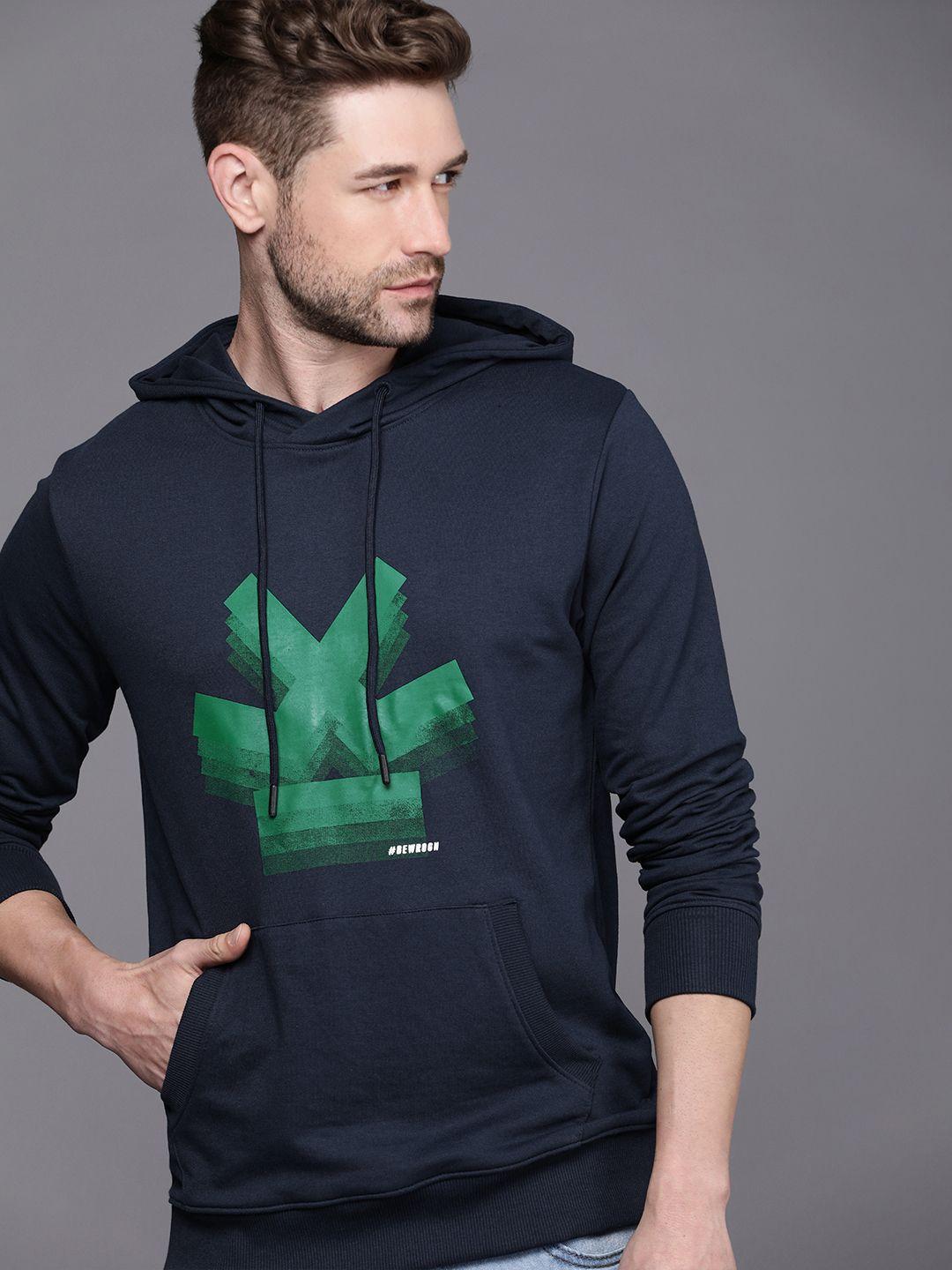 wrogn men navy blue printed hooded pullover sweatshirt