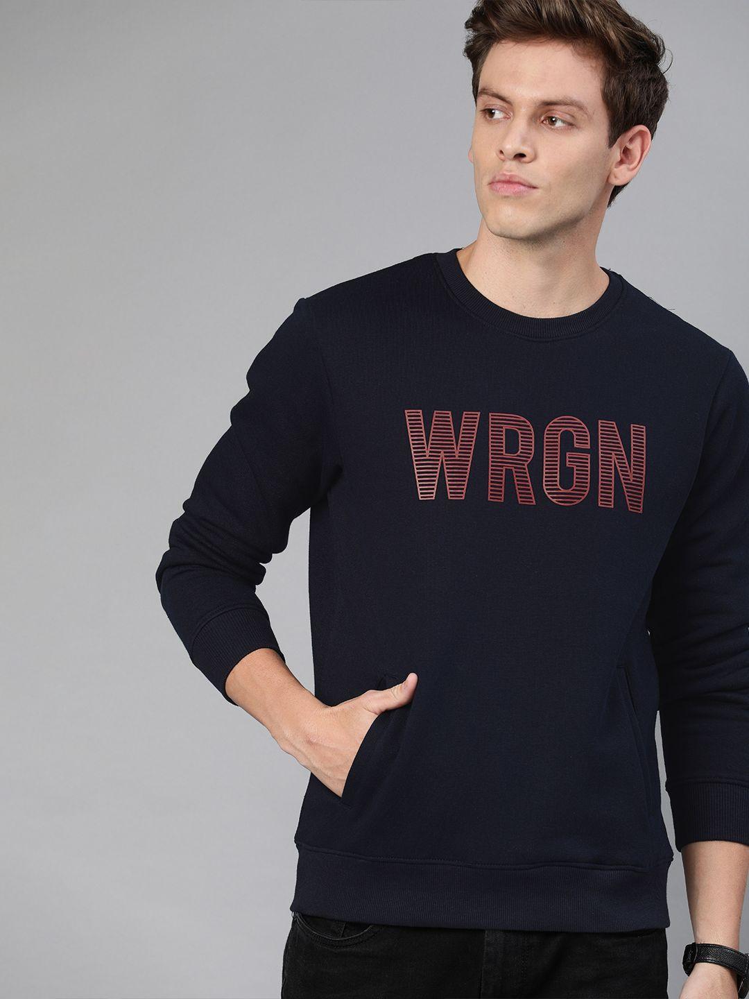 wrogn men navy blue printed pullover sweatshirt