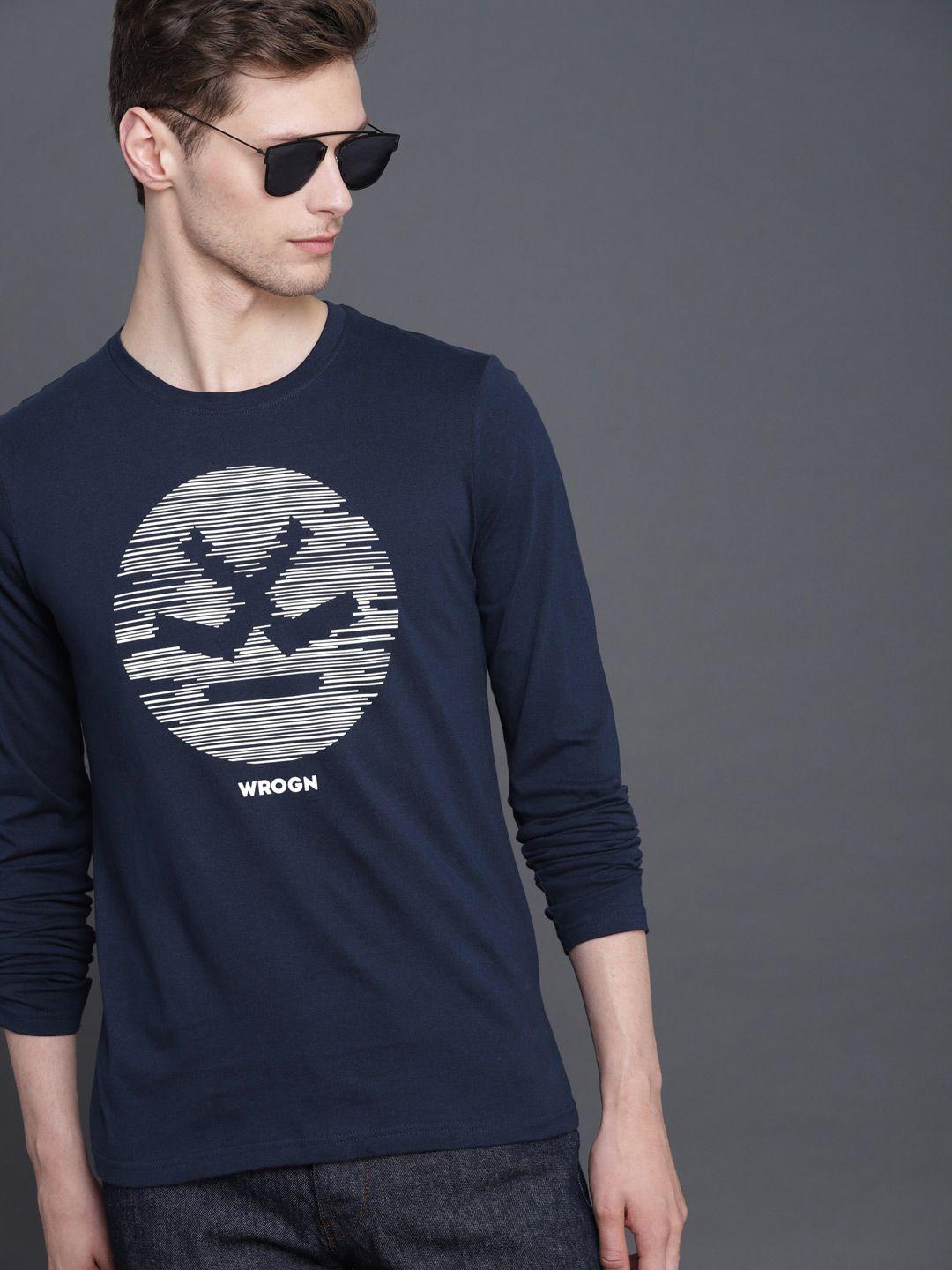 wrogn men navy blue printed round neck t-shirt