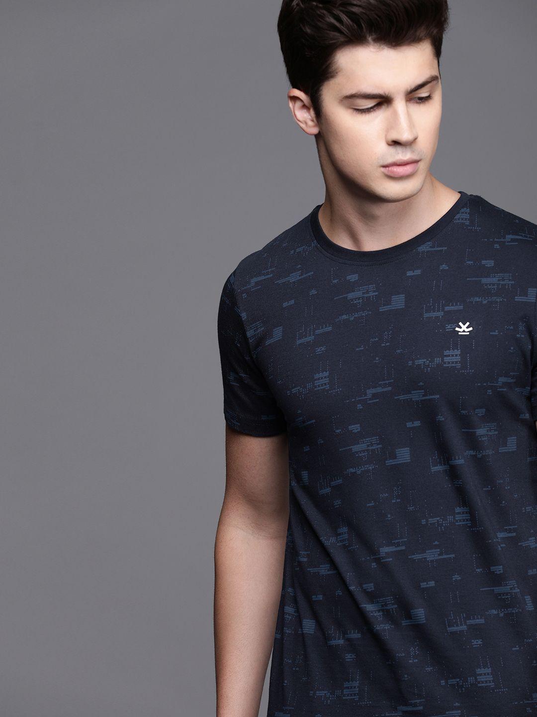 wrogn men navy blue printed round neck t-shirt