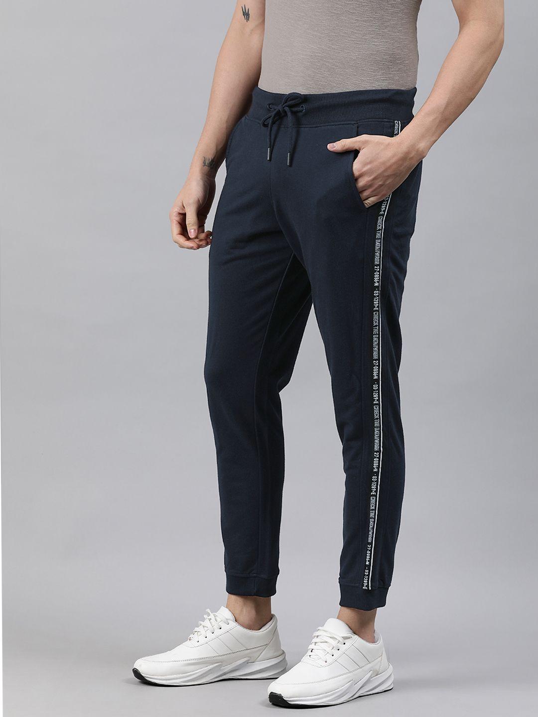 wrogn men navy blue side striped slim fit joggers