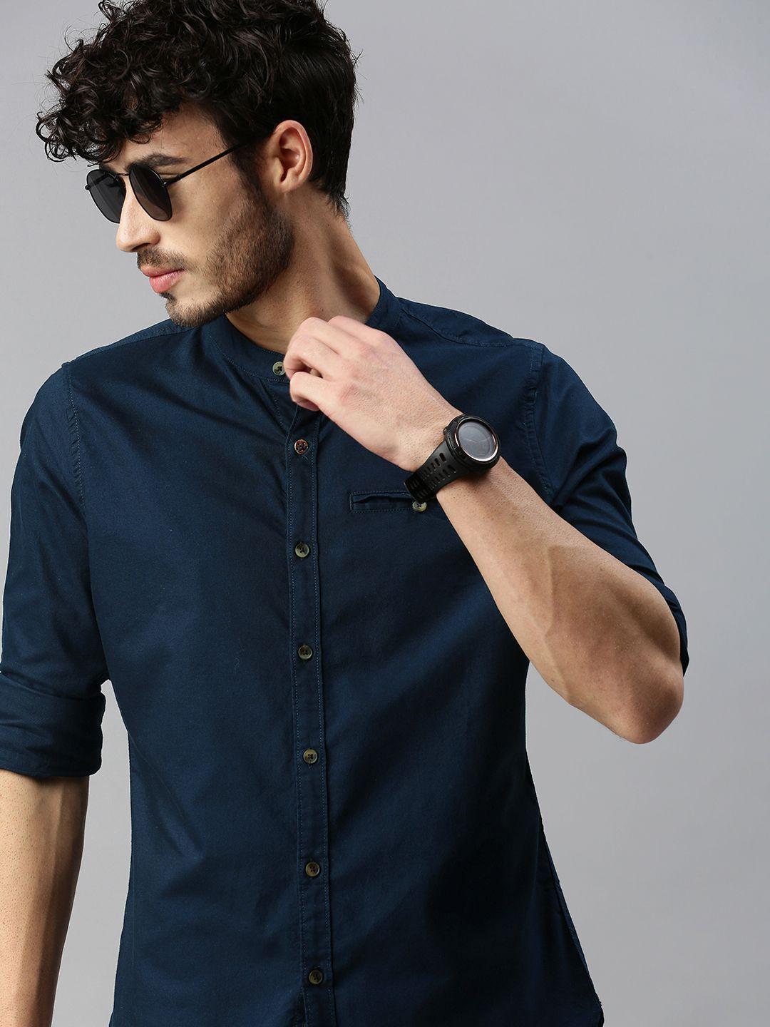 wrogn men navy blue slim fit casual shirt